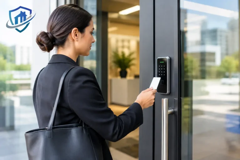 Commercial access control lock on an office door